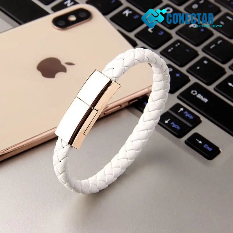 Pulseira De Couro Com Cabo Usb (Iphone E Android) Branco / 20Cm Micro