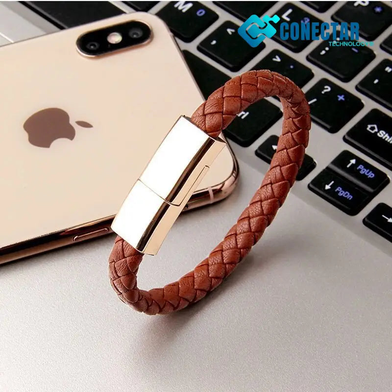 Pulseira De Couro Com Cabo Usb (Iphone E Android) Marrom / 20Cm Micro