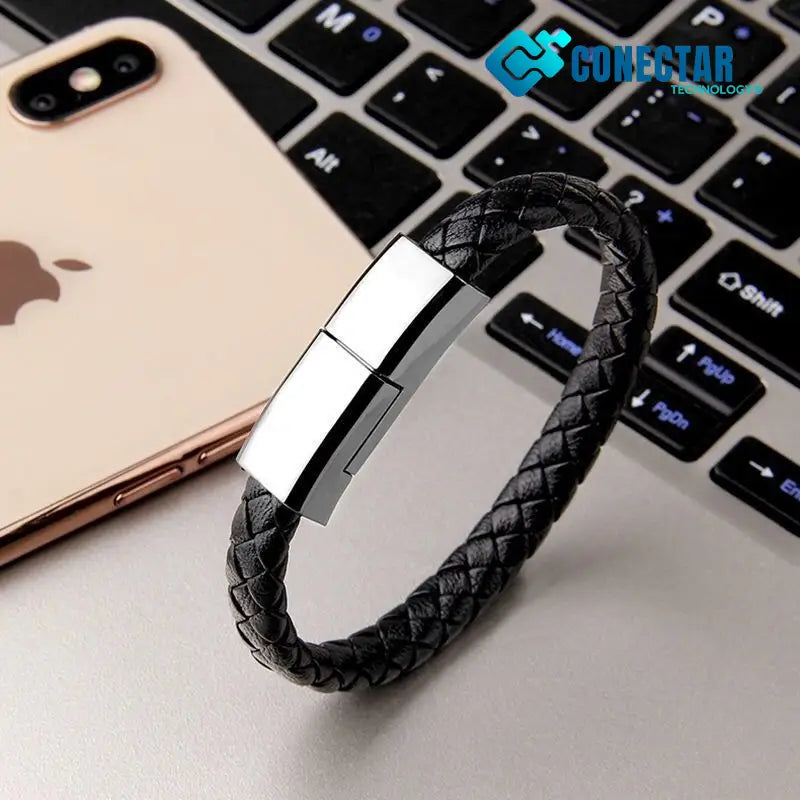 Pulseira De Couro Com Cabo Usb (Iphone E Android) Preto / 20Cm Micro